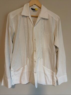 Men's White Embroidered 100% Linen Guayabera Button-Down Shirt